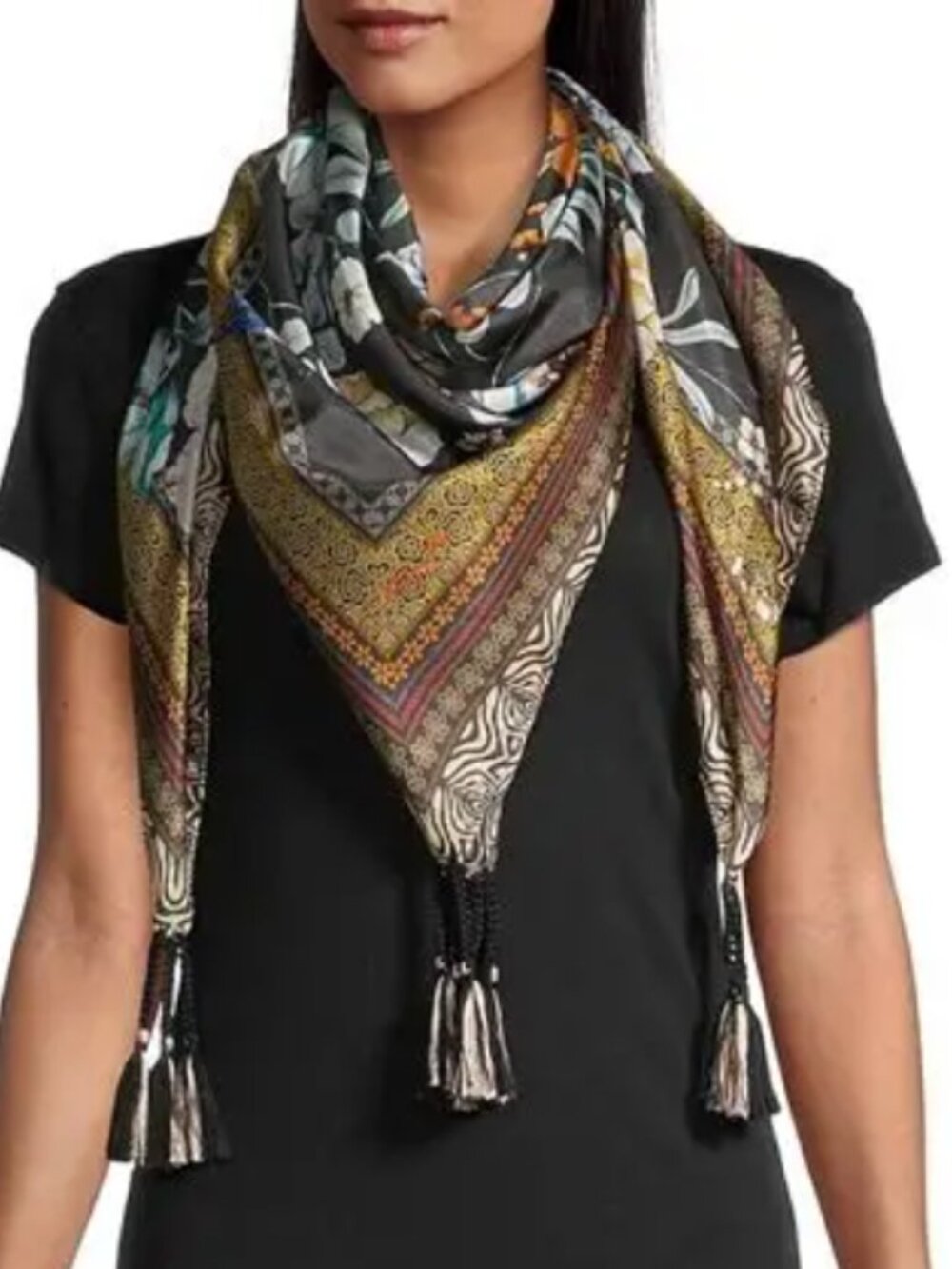 New without tag Johnny Was Silk Scarf Golden Spring print w tassels